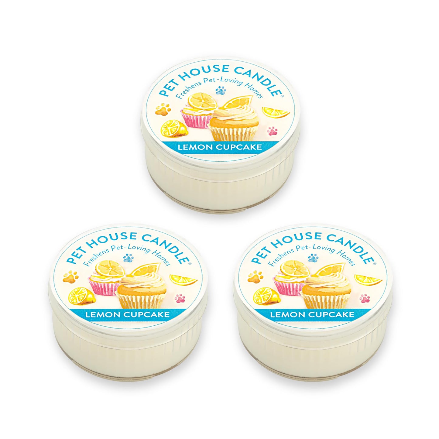 One Fur All Pet House Mini Candles for Pet Odor Made with Natural Soy Wax, Plant Based, Dog and Cat Friendly Scented Candles, Lemon Cupcake Pack of 3
