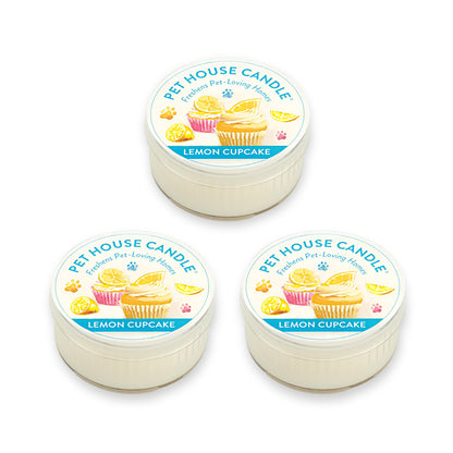 One Fur All Pet House Mini Candles for Pet Odor Made with Natural Soy Wax, Plant Based, Dog and Cat Friendly Scented Candles, Lemon Cupcake Pack of 3