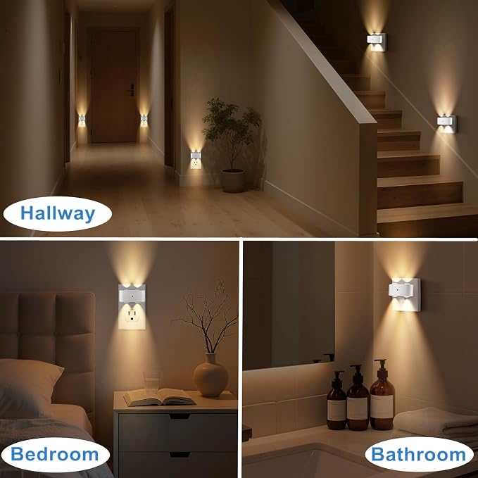 4 Pack Night Light, Plug-in Wall NightLights with Rotatable, Dusk to Dawn Sensor, 2700K Warm White 100 Lumens, Energy Saving 1W LED, for Kids Room Bedroom Bathroom Kitchen Hallway