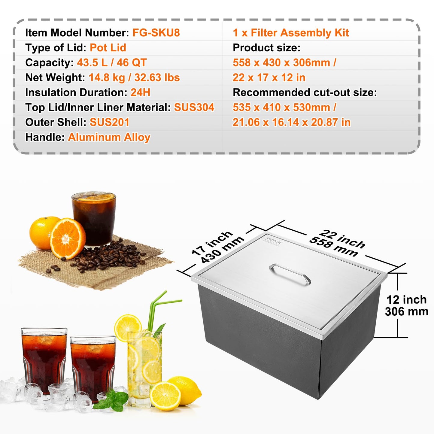 Happybuy Drop in Ice Chest 23''L x 17''W x 12''H with Cover 304 Stainless Steel Drop in Cooler Included Drain-Pipe and Drain Plug Drop in Ice Bin for Cold Wine Beer