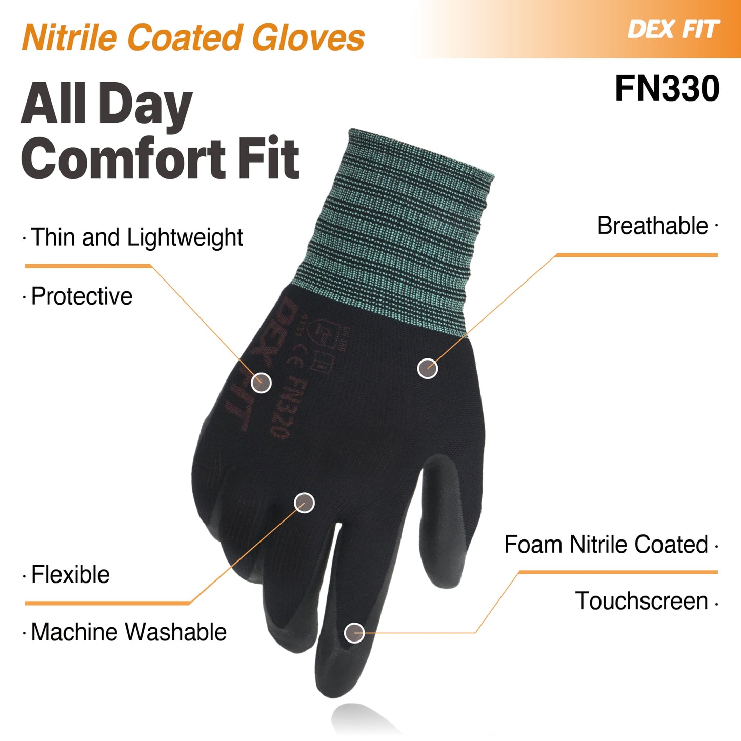 DEX FIT Work Gloves FN330, 3D Comfort Stretch Fit, Power Grip, Durable Foam Nitrile Coated, Smart Touch, Thin & Lightweight, Machine Washable (Medium(3 Pairs), FN330 Black)