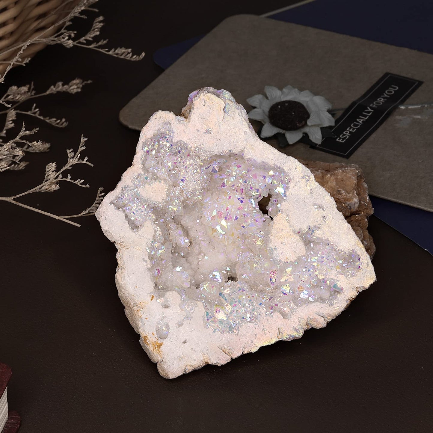 Rockcloud Titanium Coated Crystal Geode Mineral Specimen Irregular Reiki Crystal Stone for Home Office Decoration, White AB Crystal