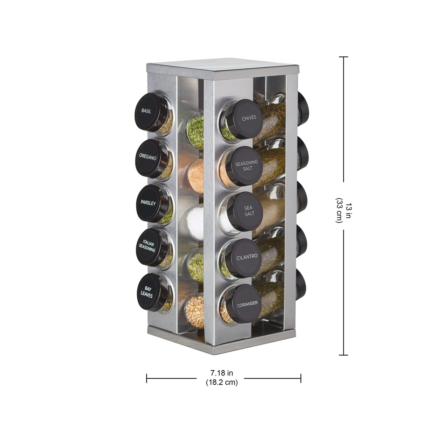 Kamenstein 20 Jar Heritage Revolving Countertop Spice Rack Organizer with Spices Included, FREE Spice Refills for 5 years, Brushed Stainless Steel with Black Caps