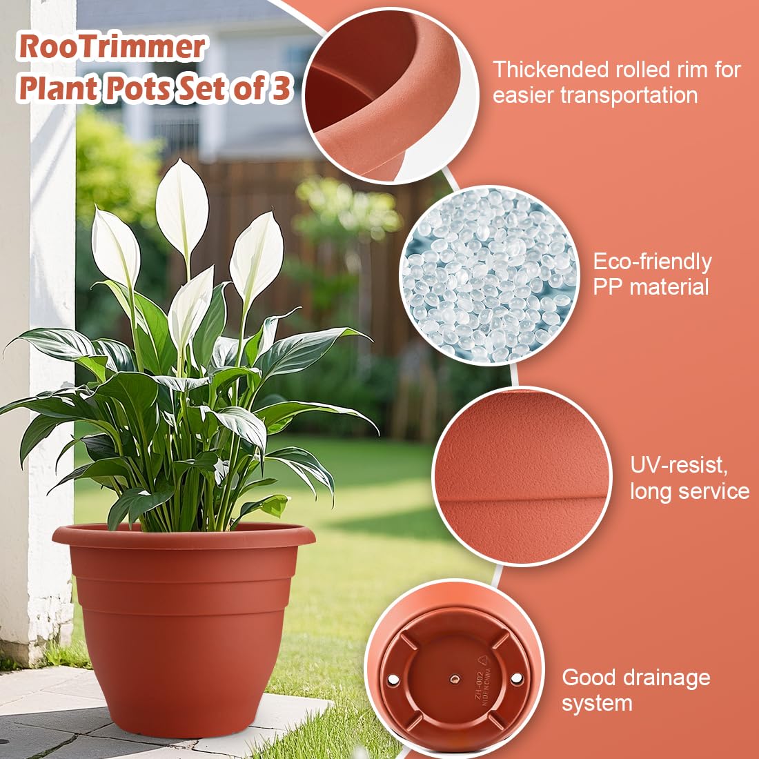 RooTrimmer 3 Pack Large 16 Inch Plastic Plant Pots for Outdoor Plants,Durable & Lightweight Flower Pots with Drainage Holes,Weather-Resistant Large Planters for Patio Garden(Brick Red)