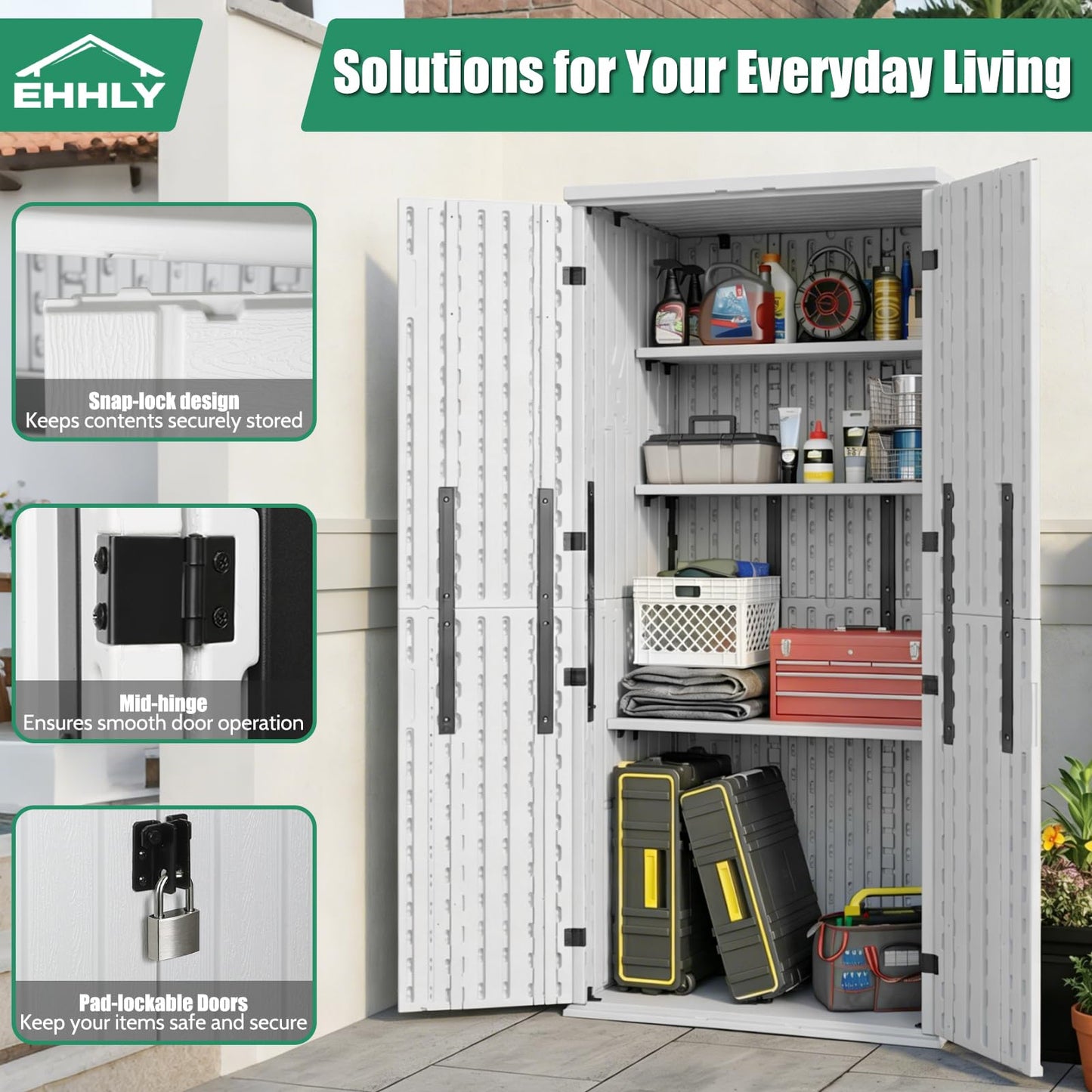 EHHLY Heavy Duty Tall Storage Cabinet Outdoor Weatherproof, 28 Cuft Garage Storage Cabinet with 4 Adjustable Shelves, Lockable Kitchen Pantry Closer Organizer, 31Wx23Lx66H, Polar White