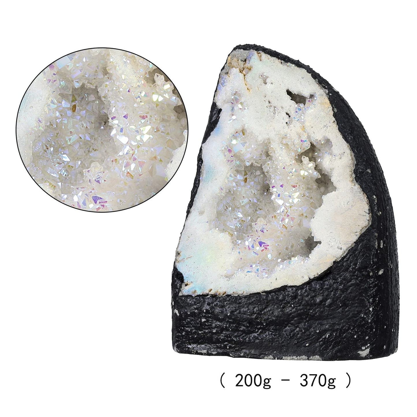SUNYIK Natural Rainbow Titanium Coated Quartz Geode Quartz Crystal Cluster Specimen for Home Office Decoration Reiki Healing Meditation, 200-370g(0.4-0.8lb), White AB Crystal
