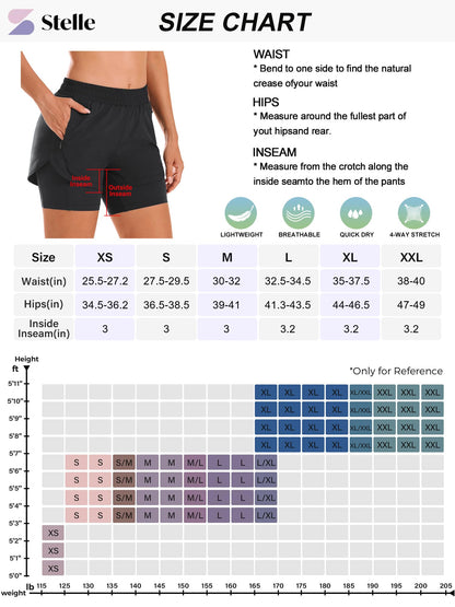 Stelle Women 2 in 1 Running Shorts High Waisted Athletic Shorts Gym Workout Shorts with Liner Zipper Pockets (Black, M)
