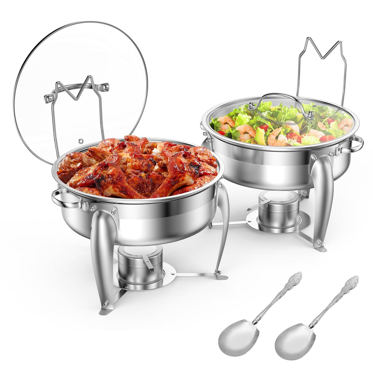BriSunshine 6 QT Chafing Dish Buffet Set with Serving Spoons, 2 Packs Stainless Steel Round Chafing Dishes with Glass Lid & Lid Holder, Food Warmers for Parties Buffet Weddings Catering Events