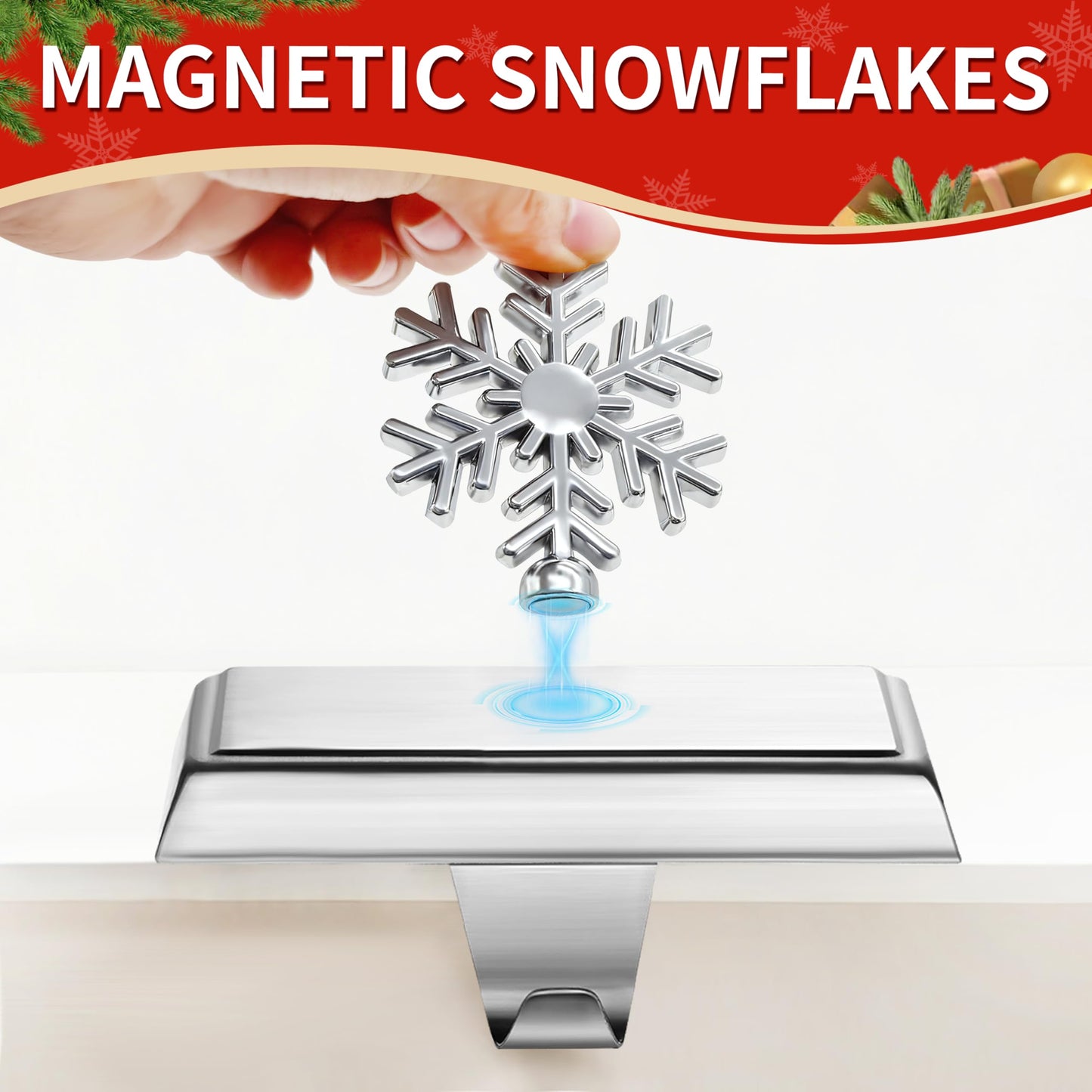 MNKXL Set of 4 Metal Christmas Stocking Holders for Mantle,Heavy Duty Weighted Stocking Holders for Mantle,Silver 3D Snowflake Stocking Holder for Tables Window Fireplace Christmas Decorations