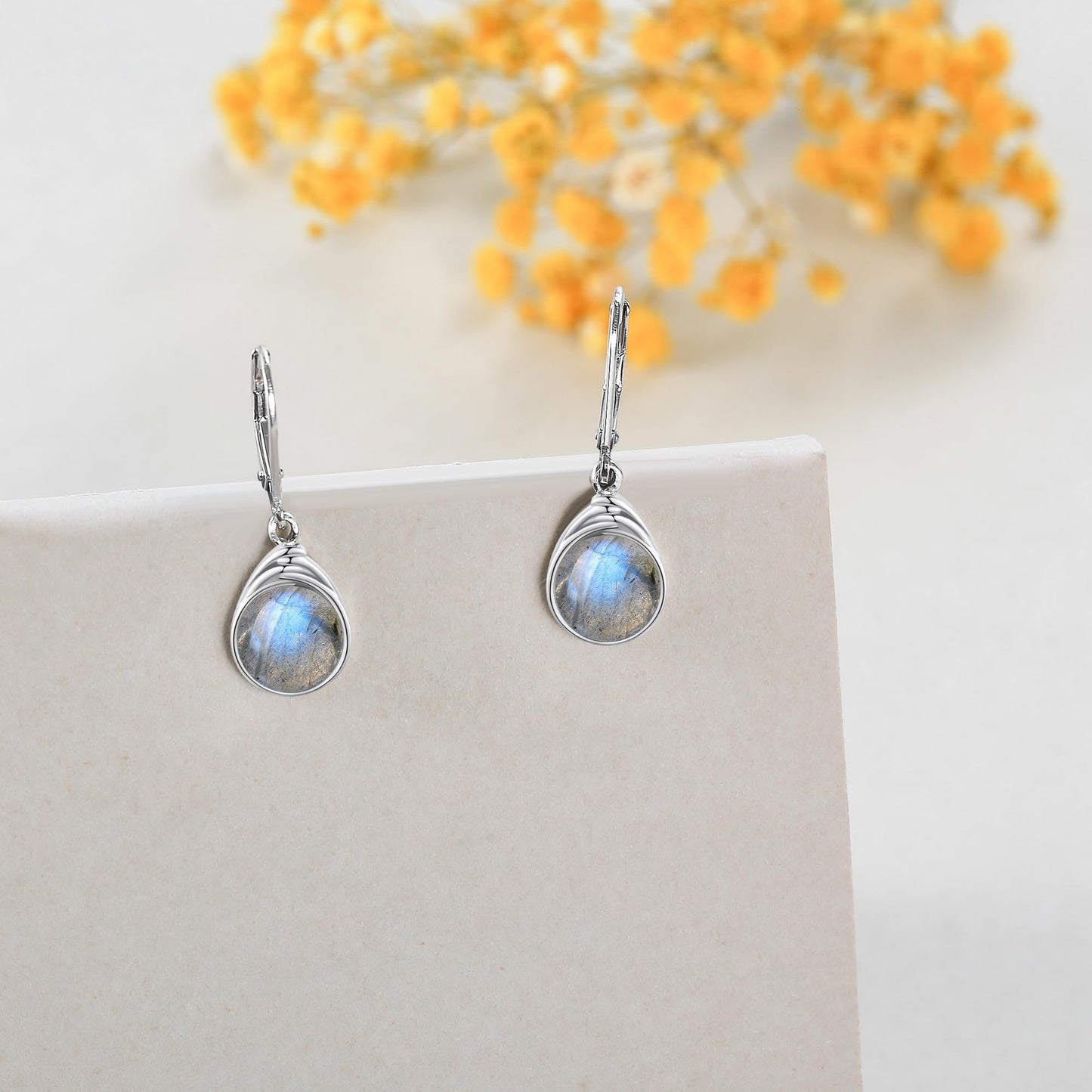 POPLYKE Labradorite Earrings - Sterling Silver Round Labradorite Leverback Dangle Earrings