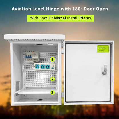 Metal Outdoor Enclosure with Rain Hood Electrical Box Weatherproof WiFi/Network Enclosure Breaker Box with Fan-Vent Design Cable Project Cabinet with Mounting Track Hole in Back 16X20X10