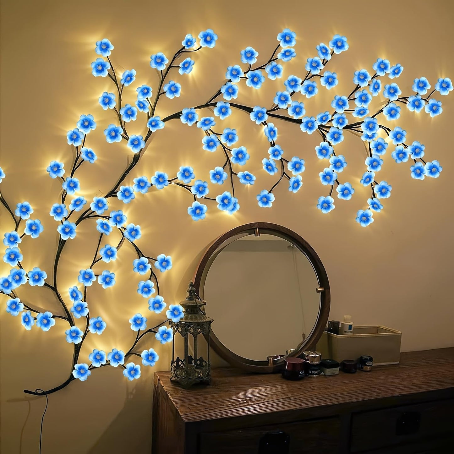 Blue Cherry Blossom Tree Branch Lights for Wall,Cherry Enchanted Willow Vine Lights,with 96 LED and 8 Lighting Modes,Remote Timer,for Bedroom Wall Doors Windows Wedding Christmas Holiday (71inch)