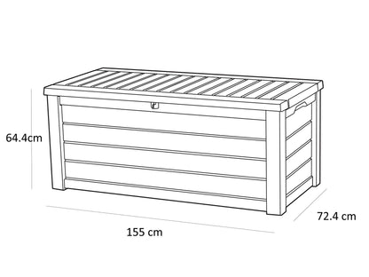 Keter Westwood 570L Outdoor 75% recycled Garden Furniture Storage Box Brown Wood Panel Effect ; Fade Free ; All Weather Resistant ; Safe and Secure ; Zero Maintenance ; 2 year Warranty