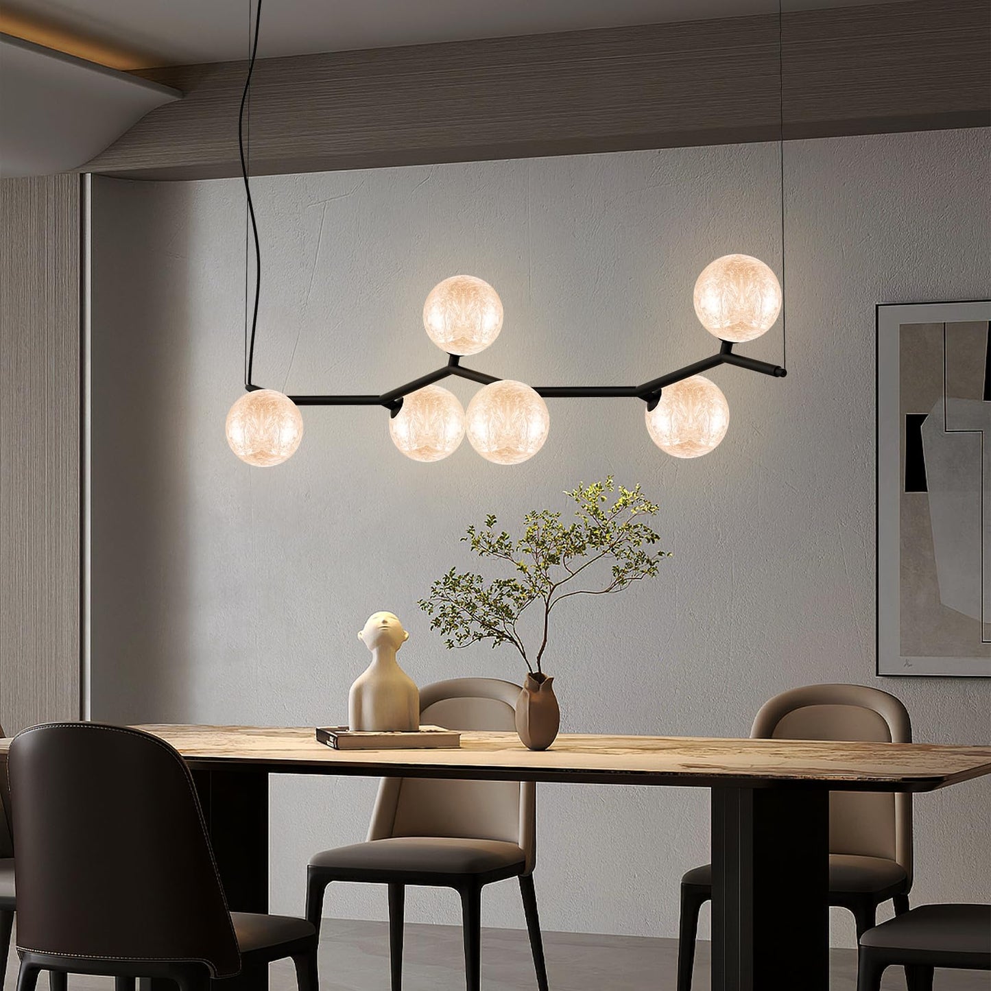 ziidoo Modern Branch Glass Chandelier，6-Lights Pendant Light Ice Crystal Pattern Lampshade Ceiling Artistic Tree Shape Hanging Light Fixtures Over Table for Dining Island Living Room Bar Kitchen