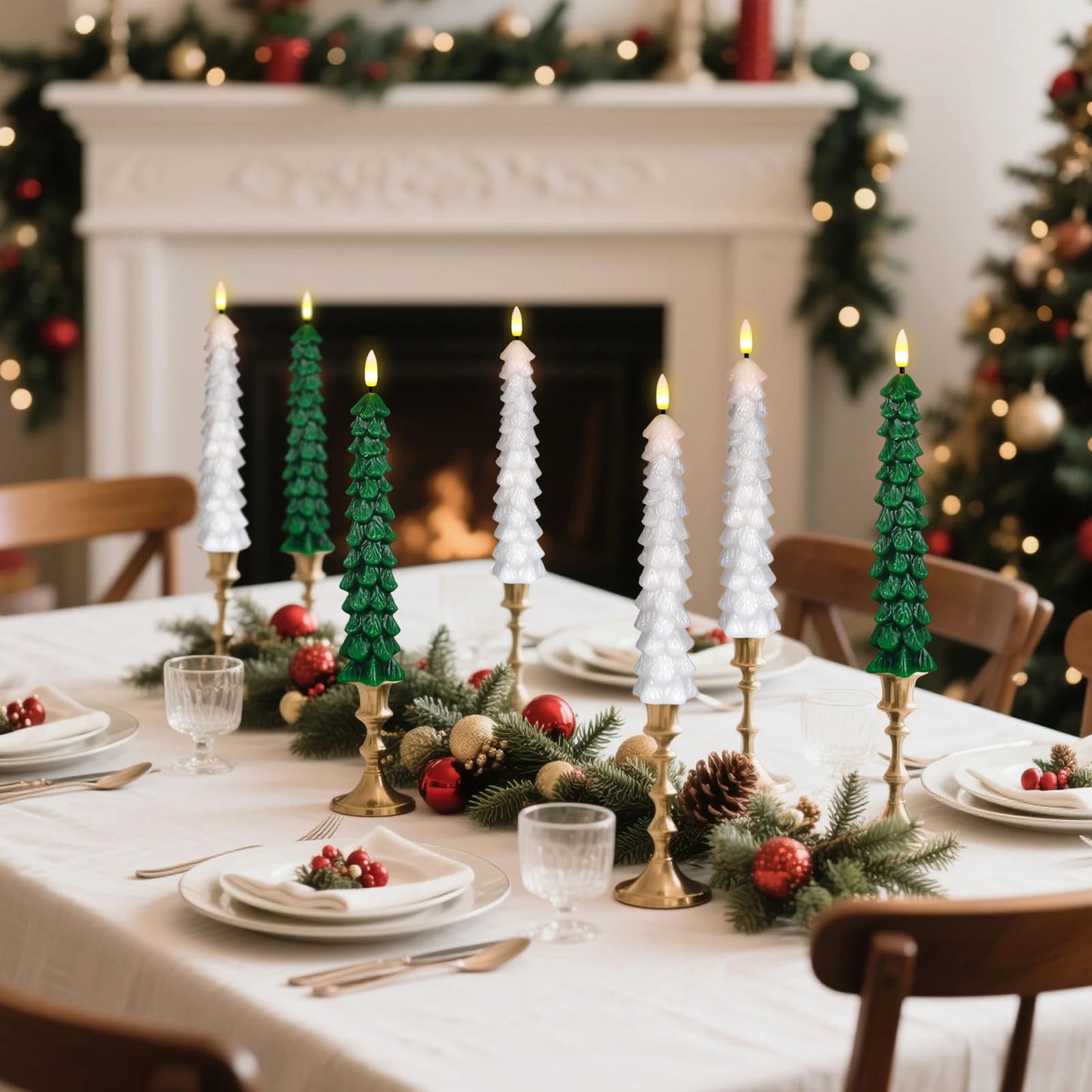 GenSwin Christmas Tree Flameless Candles with Remote Timer, White Christmas Tree LED Taper Candles with 3D Flickering Flame, 4 Pcs LED Candlesticks for Christmas Winter Home Decoration(0.78” x 9.8”)
