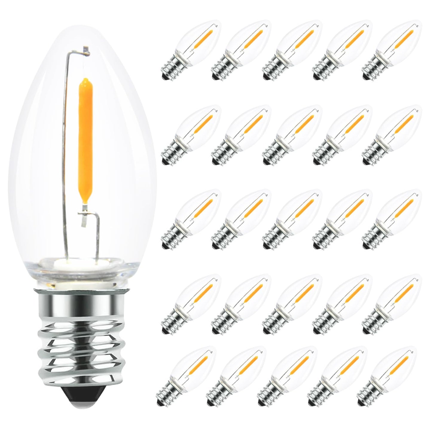 SOTOPOO 25 Pack LED C7 Light Bulbs - Clear Glass LED E12 Nightlight Bulbs, 0.6W Equivalent to 7W, for Candles Chandeliers Replacement Bulbs & Christmas Tree Light Bulbs, E12 Base, Warm White