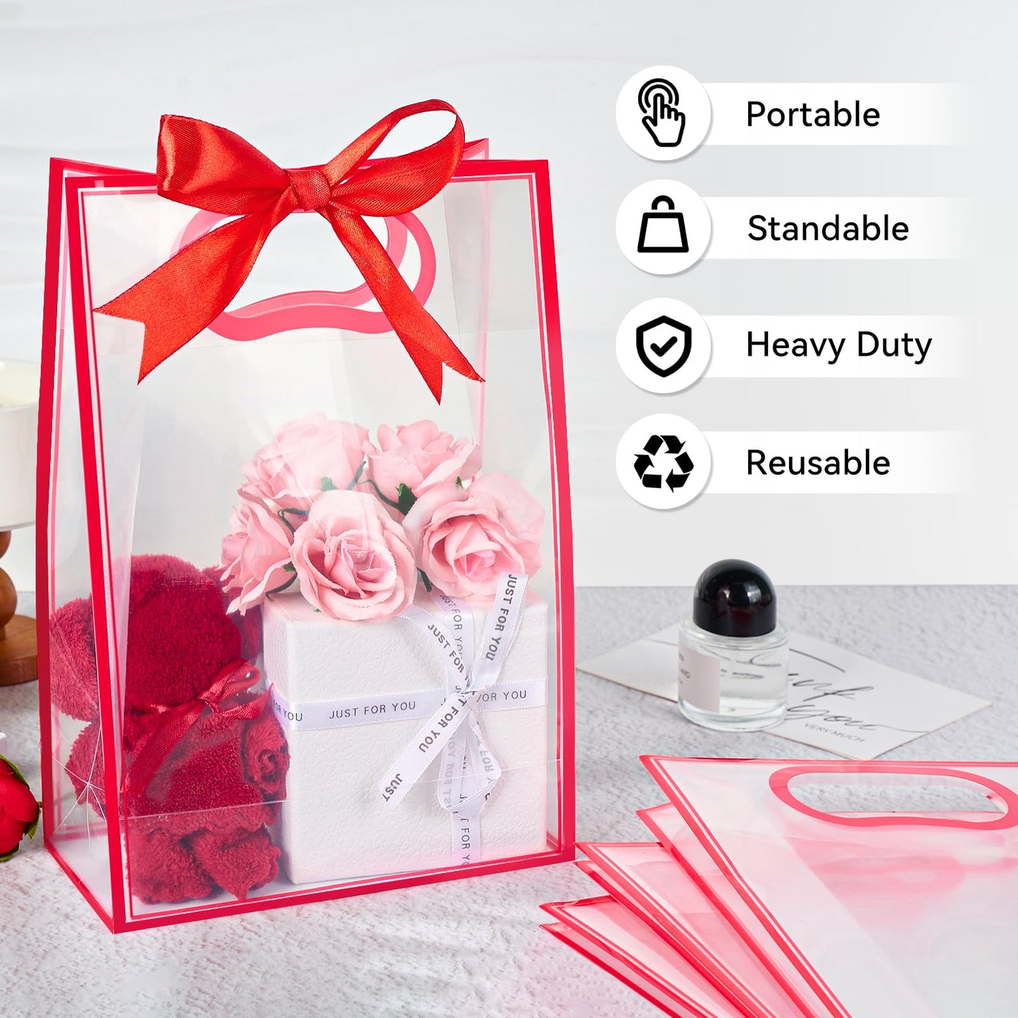 Ohuimrt Clear Plastic Gift Bags with Handles, 12 Pack, Red