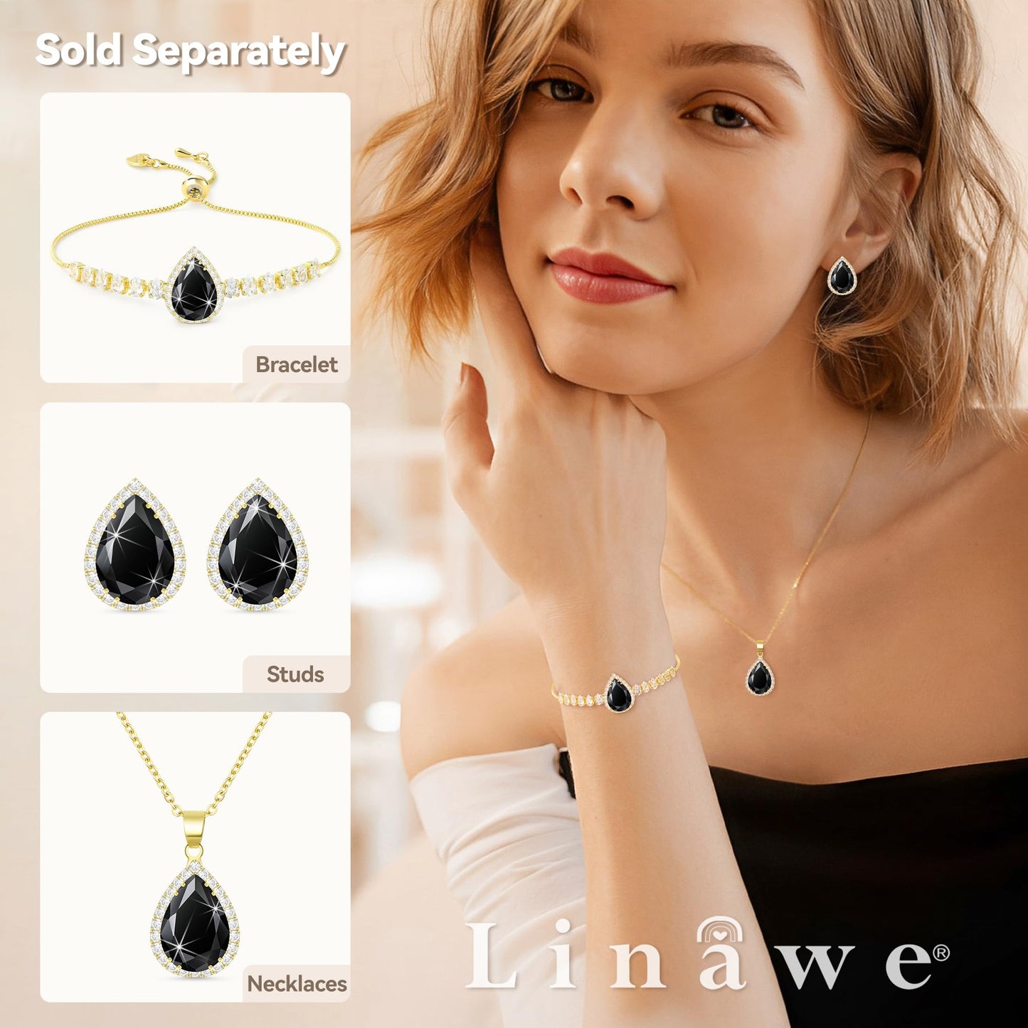 Linawe Black Crystal Gold Chain Necklace for Women Trendy, Imitation Diamond Pendant Boho Cubic Zirconia Birthstone Rhinestone Teardrop Necklace, Preppy Queen Costume Jewelry
