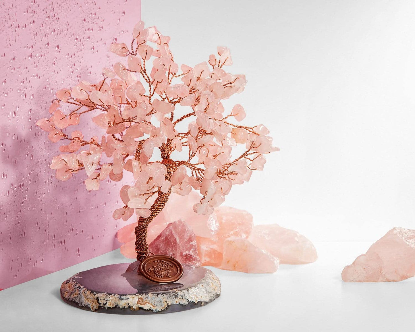 KARMA AND LUCK, Love Harmony Oasis, Real Rose Quartz Crystal Feng Shui Tree Home Decor, Wrapped with Copper on Agate Base, Handmade in Bali, Medium 8
