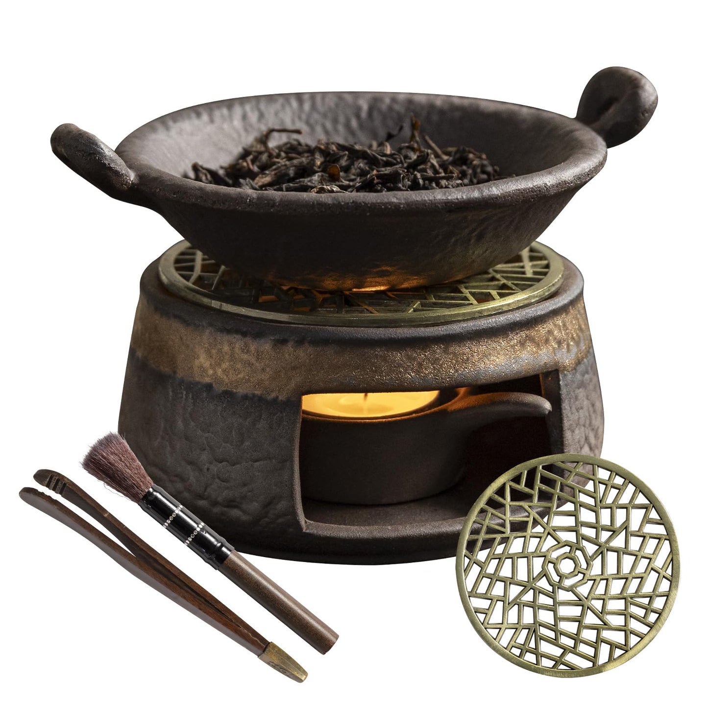 Cedar Aromatherapy Burner & Ceramic Oil Warmer for Home & Office (Heat-Resistant Double-Handled Baking Tray + Stone-Patterned Oven + Accessories)