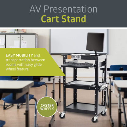 Pearington AV Presentation Cart Stand for Video Projector, TV, Laptop Computers, Printers, Metal Construction Rolling Storage Cart with Adjustable Shelves, 4 Wheels, 4 Outlets, 12ft Cord, Black