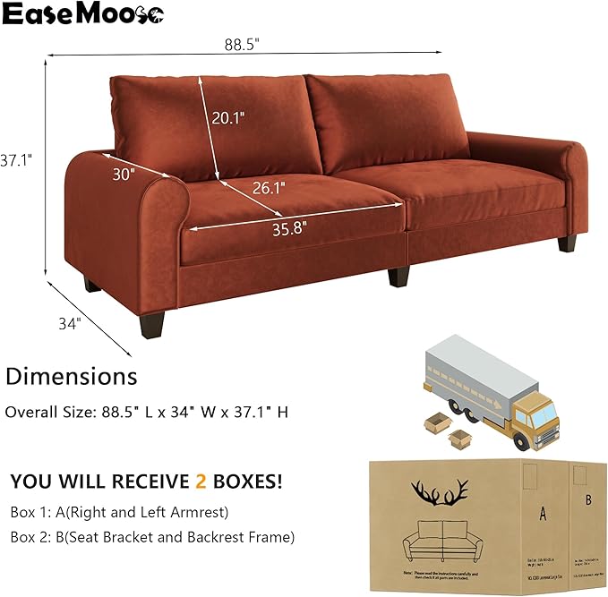 EASE MOOSE 88.5" Large Seat Velvet Loveseat Sofa, Modern Deep Seat Couches