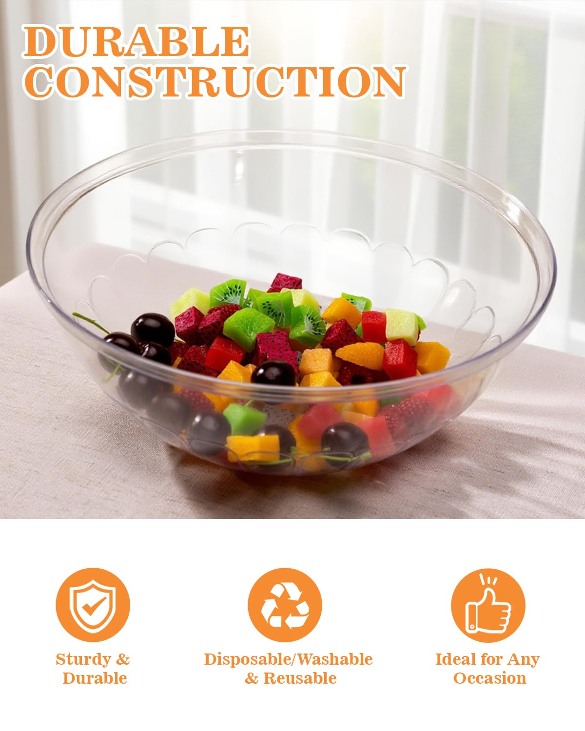 BESTVIP 4 Pack 150 Ounce Clear Plastic Serving Bowls, Disposable 11.6" Party Bowls for Chips/Salad/Candy/Snacks, Stackable Buffet Containers for Christmas, Holiday, Weddings, Showers/Events, Reusable