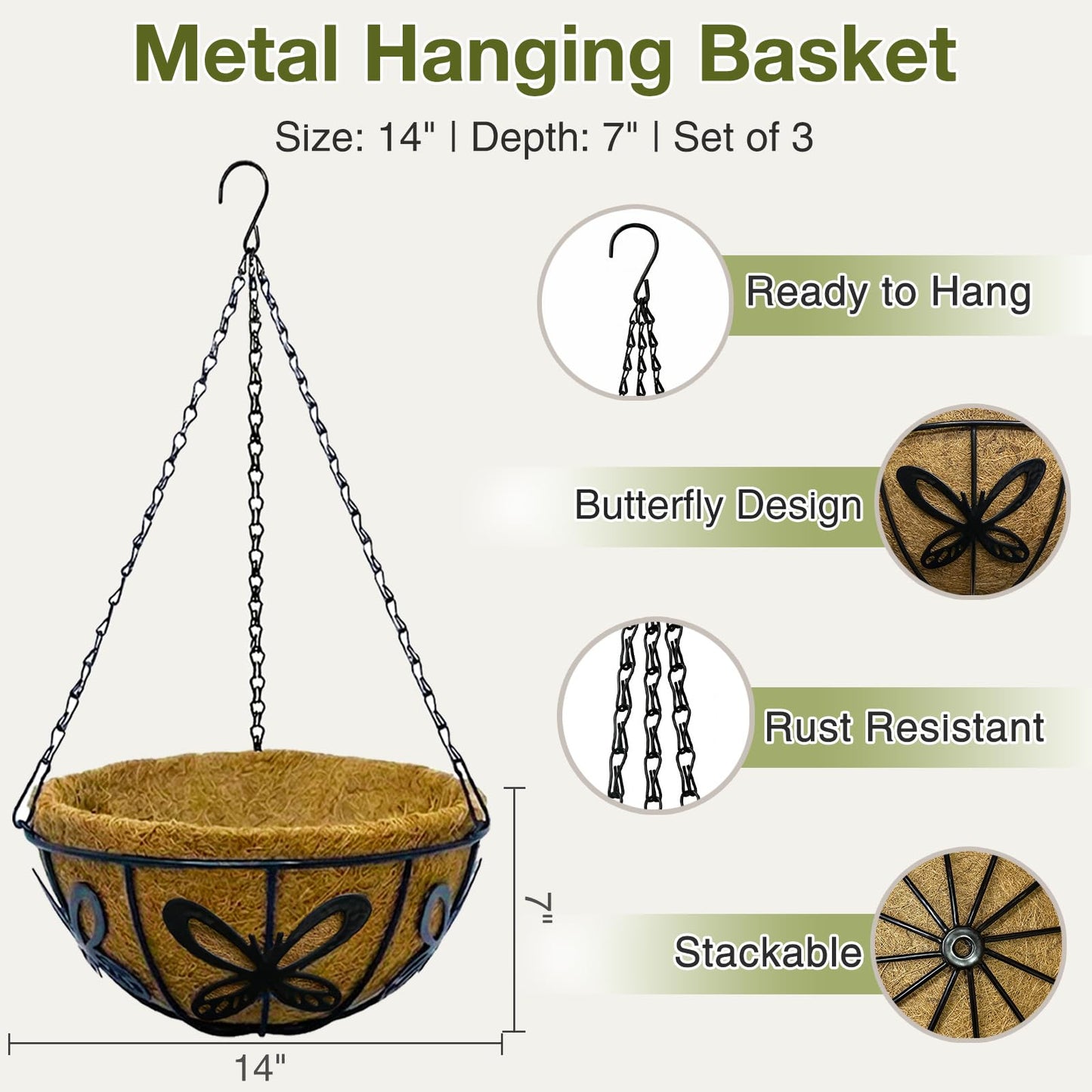 CRAYZA 14 Inch Hanging Baskets for Plants Outdoor, 3 Pack Metal Wire Hanging Planters with Coco Coir Liners, Rust-Resistant Flower Basket with Chains & Hooks for Garden Patio Porch Deck Balcony