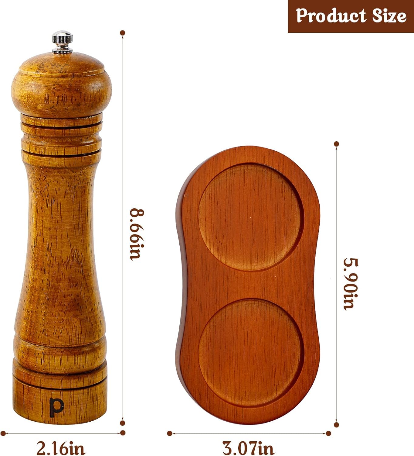 BIVIPO Salt and Pepper Grinder Set, 8 Inch Oak Wood Mills, Adjustable Coarseness, Manual Twist, 2-Pack with Tray, Wood Pepper Grinder And Salt Mill,Easy to clean