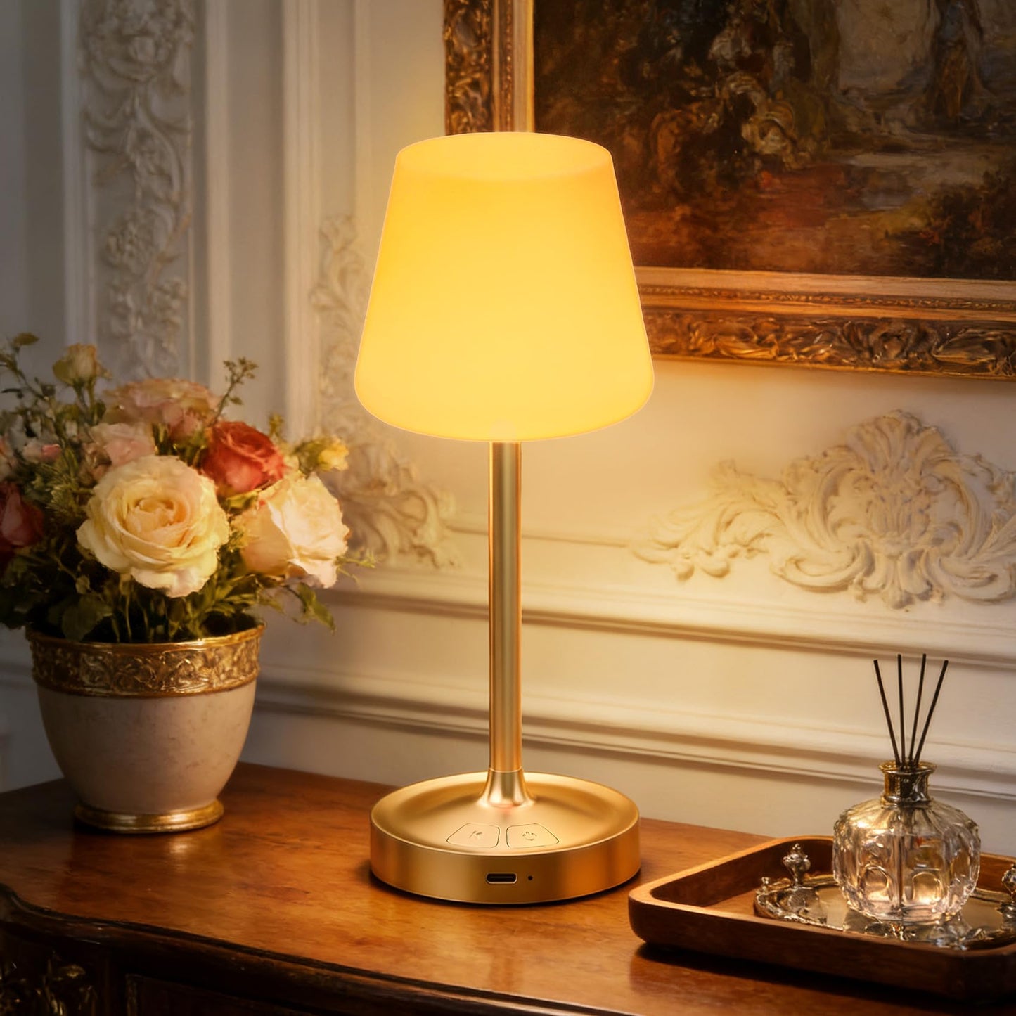BOMFLORE Small Shower Lamp Waterproof: Table Lamp with 4000mAH Battery - Rechargeable 3 Dimmable Cordless LED Lamp for Desk Bedroom Living Room Bathroom - Gold Touch Light for Parents Kids