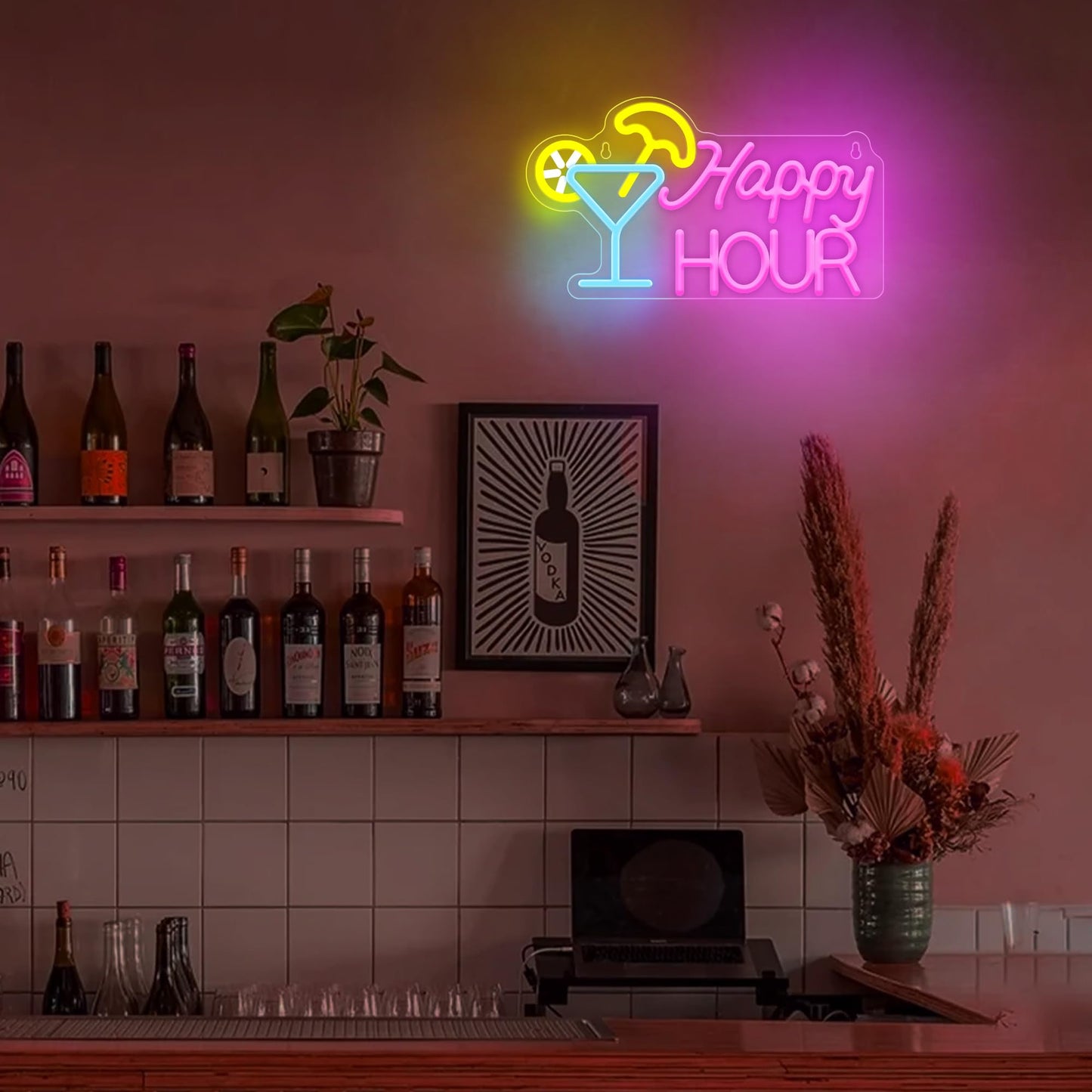 Attivolife Cocktail Happy Hour Neon Sign, Bright LED Lights with USB Powered, Light up Wall Decor for Bedroom, Man Cave, Unique Business Lamp for Club, Store, Party, Bistro, Birthday Christmas Gifts