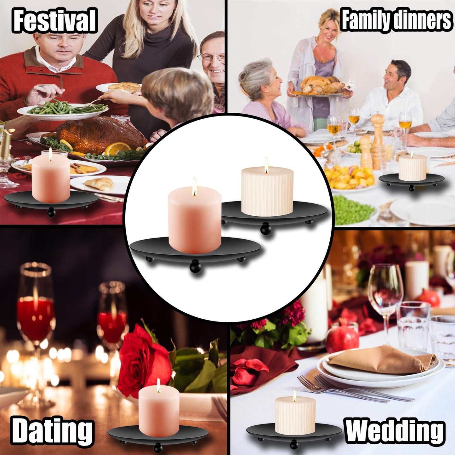 exinddea 8 PCS Iron Plate Candle Holder,Candle Stand for LED & Wax Candles,Black Candle Holders Iron Plate,4" Decorative Pillar Candle Plate for Incense Cones Spa Weddings