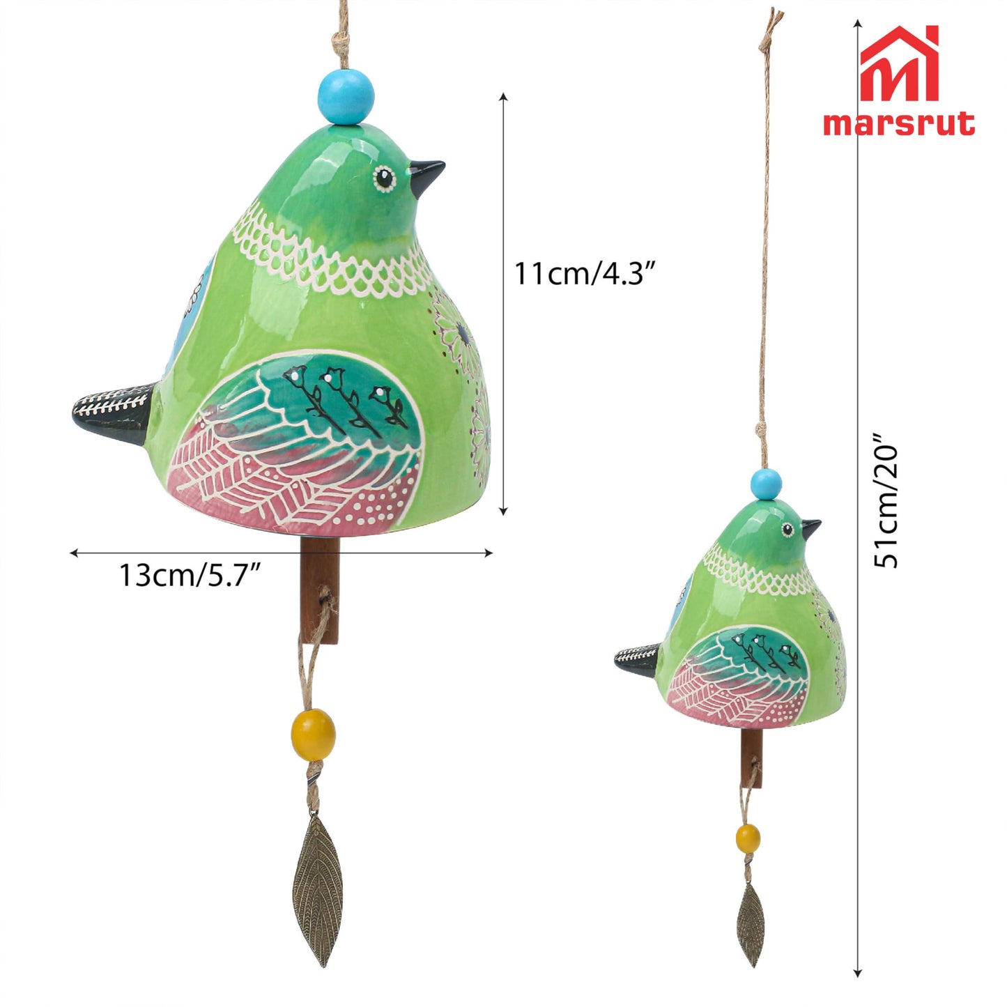 Bird Song Bell Wind Chime, Ceramic Cardinal Fashion Hanging Windchimes for Rustic Music Garden Backyard Church Decoration Porch Outside Outdoor Festival Memorial Gift Witness Friendship (Green)