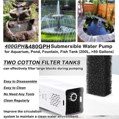 Quiet Fish Tank Filter 4-in-1 Internal Aquarium Filter,500L/H Submersible Water Pump Oxygen Aeration Wave Maker Water Change for Betta, Turtle, Pond Fish, Garden (6W 500L/H)