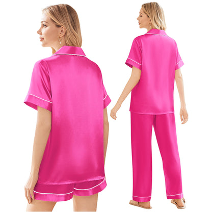 Ekouaer Silk Pajamas for Women Set Satin Pjs Soft Short Sleeve Button Down Sleepwear 3 Piece Loungewear S-XXL