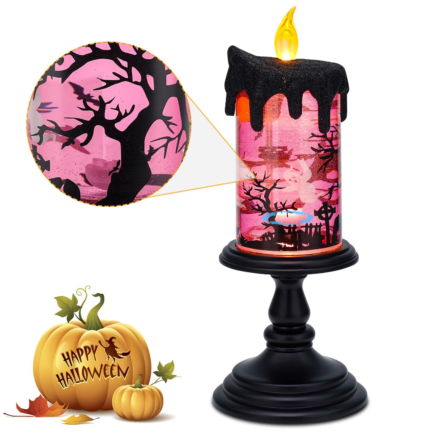 AOMIL Halloween Snow Globe Candles Lighted Lamp, Lighted Flameless Candles with Water Glitter Swirls and Spooky Moving,Battery Operated