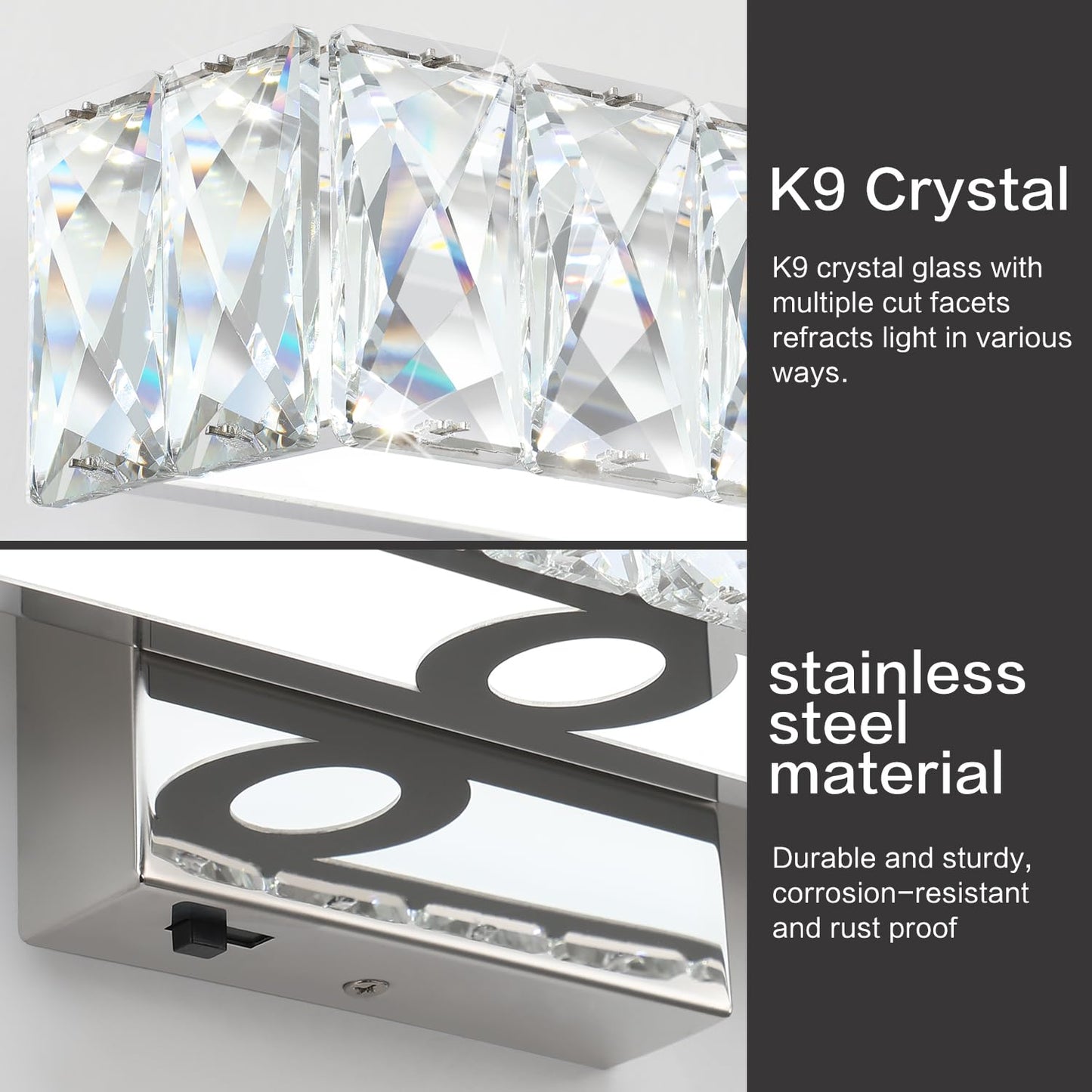 SOLFART Crystal Bathroom Lighting Fixtures Over Mirror, 24 Inch Chrome LED Vanity Light, 5 Color Adjustable 5CCT