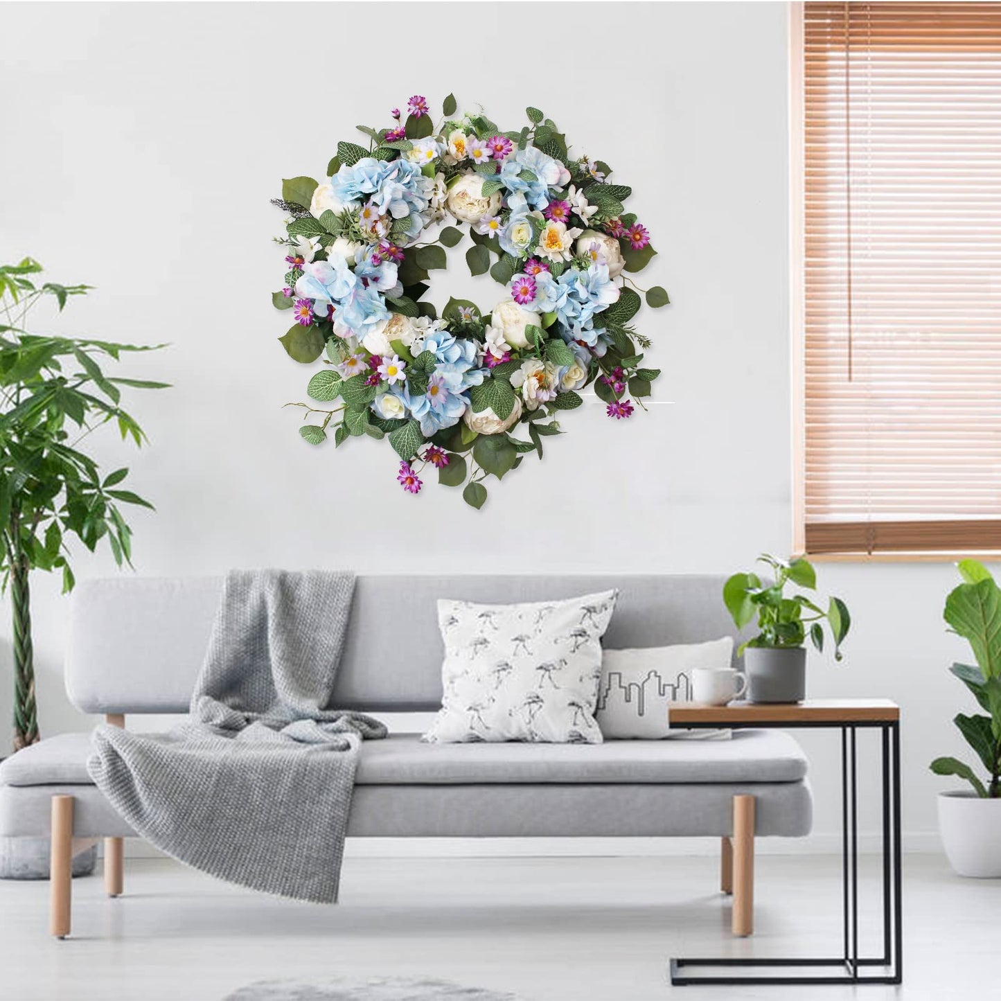24 Inch Spring Wreaths for Front Door, Spring Wreath,Blue Hydrangea Wreath,Large Spring Summer Door Wreaths for Front Door Outside All Season Home Decor (Blue)