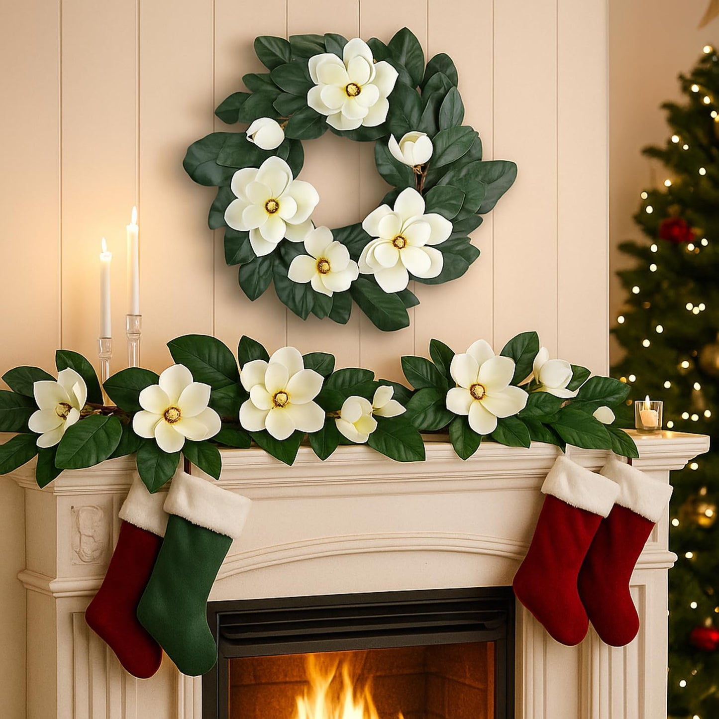 24 Inches Christmas Magnolia Wreath Artificial White Magnolia Christmas Decoration Farmhouse Greenery Wreath for Front Door Wall Home Window Holiday Outdoor Xmas Decor Entryway Patio Porch Garden