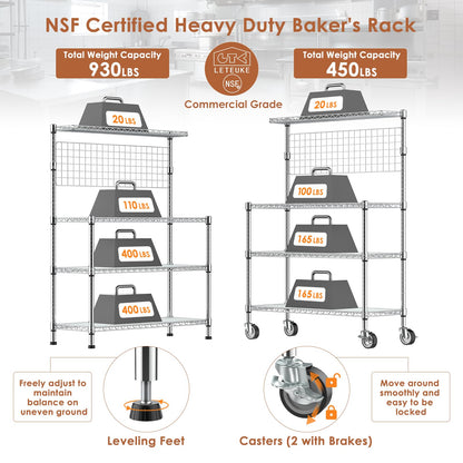 Leteuke Bakers Rack with Storage & Wheels, 42 Inch Microwave Stand Kitchen Shelves, 4-Tier Heavy Duty Storage Rack with 20 S-Hooks, Commercial Metal Utility Kitchen Cart, 42× 18× 63 Inch, Chrome