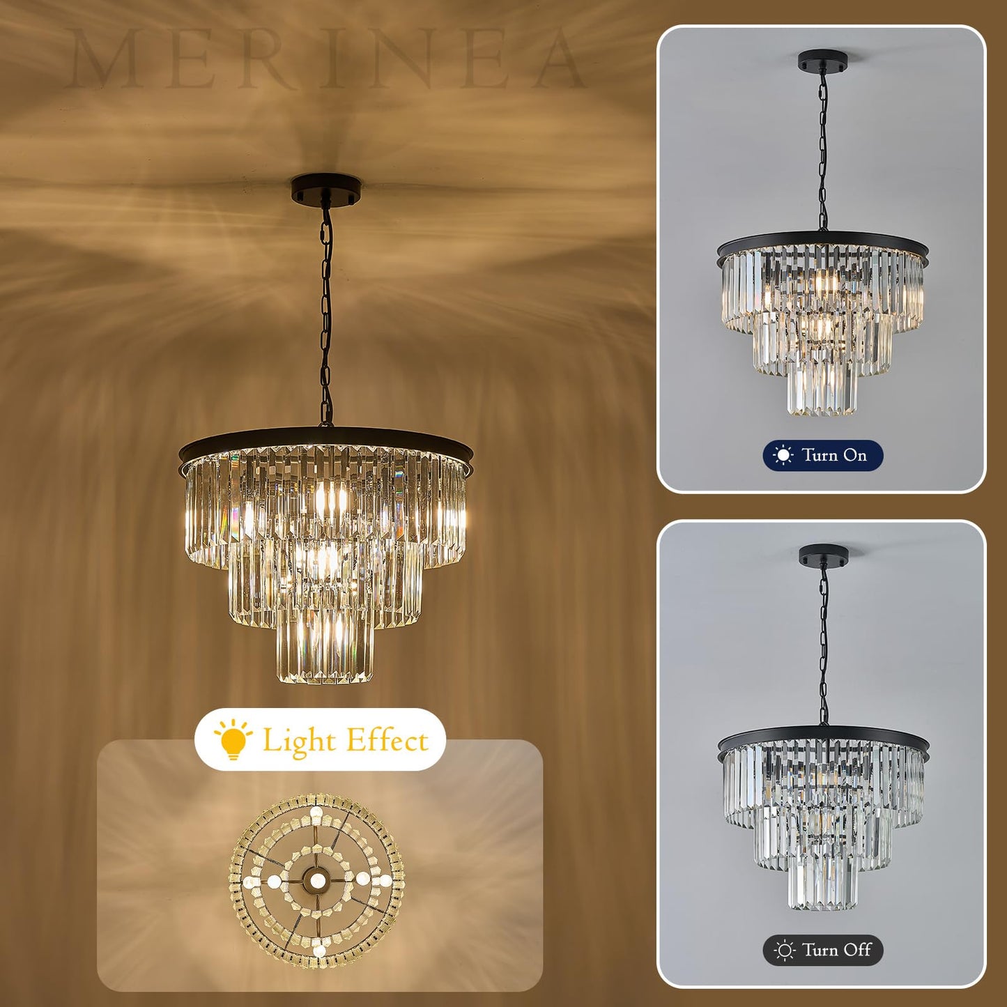 MERINEA Crystal Chandeliers Black Modern Round 20" Chandelier 7 Lights 3-Tier Ceiling Pendant Light Fixture Luxury K9 Crystal Lighting for Living Room Dining Room Bedroom Kitchen Foyer