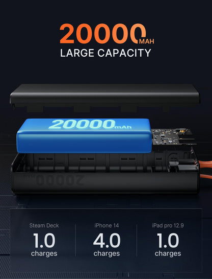 JSAUX Power Bank 20000mAh 65W with USB C Charging Cable, USB C Laptop Portable Charger PD3.0 External Battery Pack for Steam Deck, iPhone 17/16/15/14, MacBook Pro, iPad Pro, Galaxy S24, ROG Ally (X)