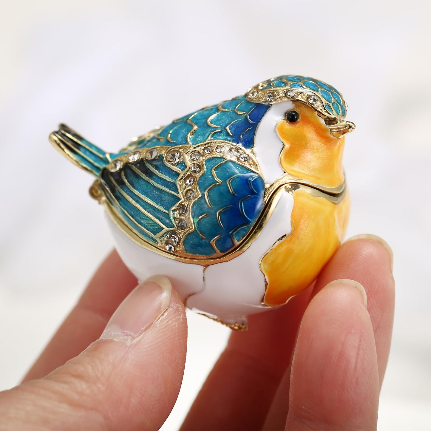 Vie jeune Hand Painted Enamel Robin Bird Trinket Box, Hinged Unique Mini Ring Necklace Jewelry Organizer, Classical Bejeweled Storage, Figurine Collectible Keepsake Home Decor (Robin Bird)