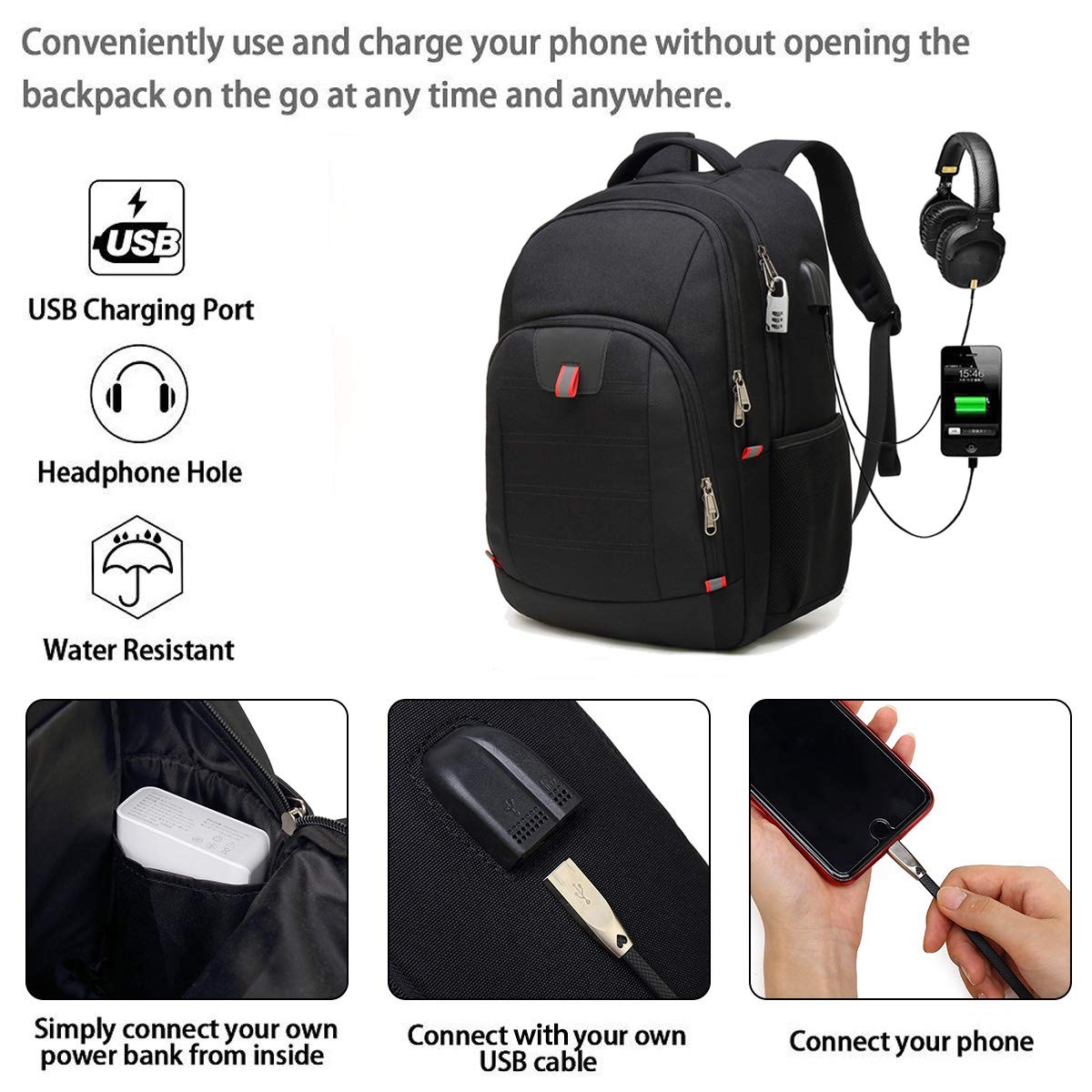 Della Gao Laptop Backpack, Extra Large Anti-Theft Business Travel Laptop Backpack Bag with USB Charging Port, Fit 17 Inch Laptop, Black