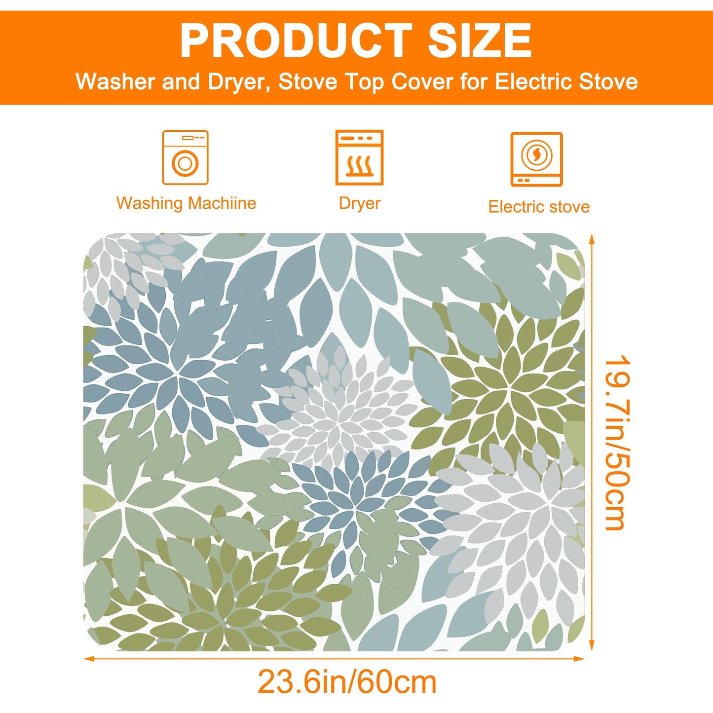 Abstract Green Lotus Flowers Floral Dryer Top Protector Mat,Dust-proof Washer and Dryer Covers For The Top,Non-slip Washing Machine Dust Cover Pad for Laundry Room Home Decor,23.6"x19.7"