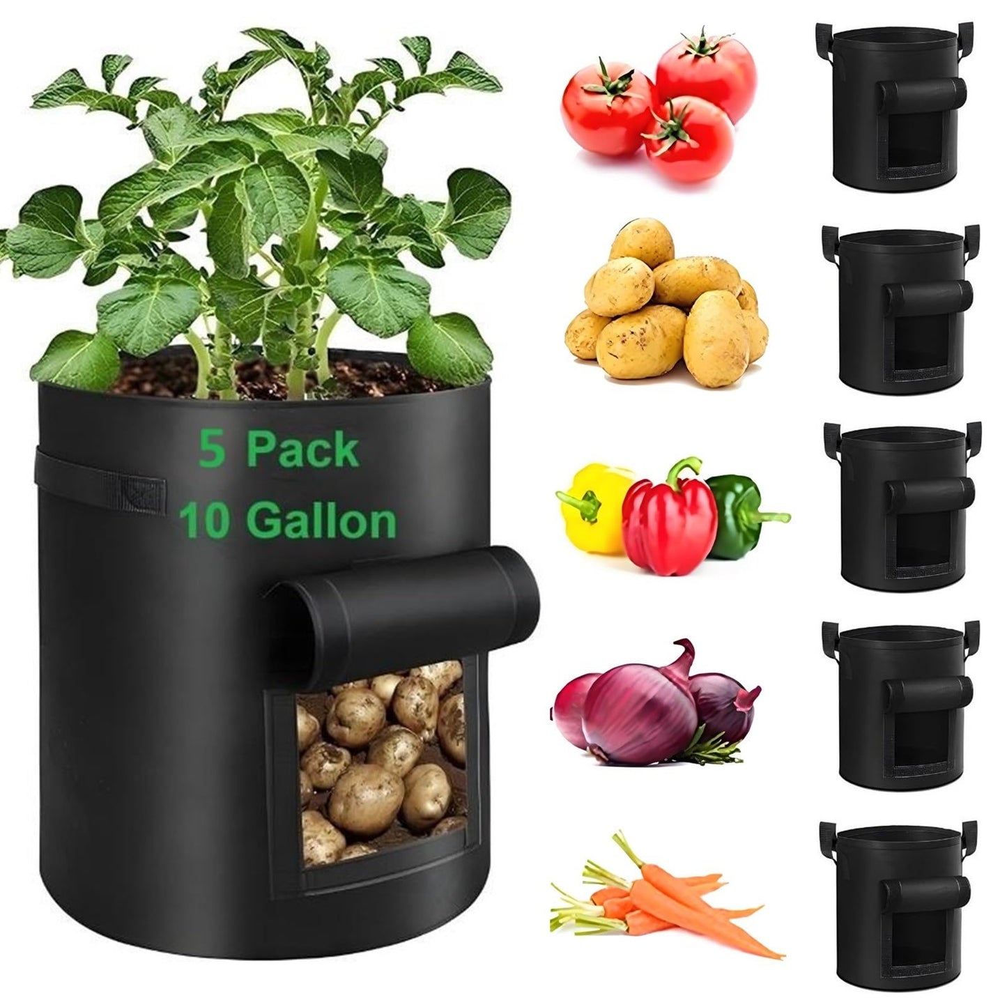 YOQXHY Potato Grow Bags,(5 Pack 10 Gallon) Garden Vegetables Growing Planter with Handles and Access Flap for Planting Potato Carrot Onion Taro Radish Peanut, (Black)