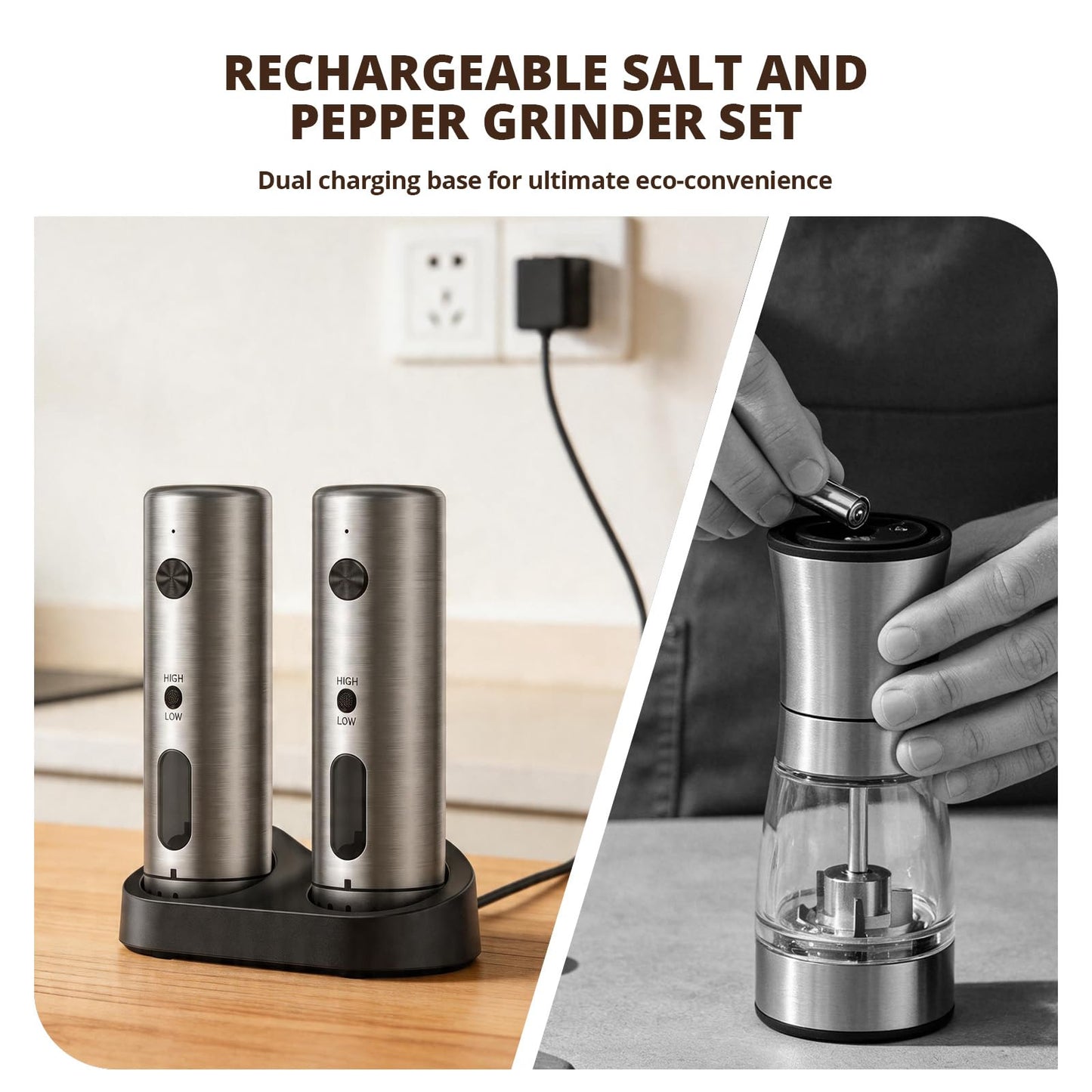 Electric Salt and Pepper Grinder Set with Charging Base, Rechargeable, 6 Coarseness Levels, 2 Speeds, LED Light, One-Touch Operation, Arthritis Friendly, Rust-Free Ceramic Core, Dust Caps, 2 Grinders