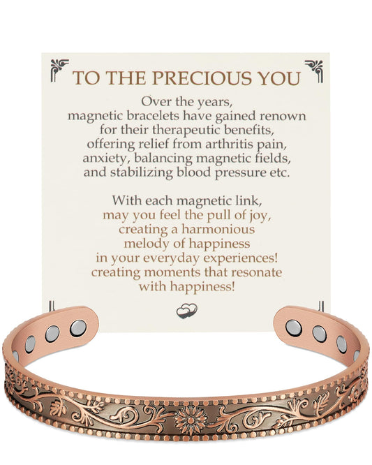 Feraco Pure Copper Bracelets for Women, 12X Enhanced Strength Magnetic Cuff Bangle for Women, 3800 Gauss Neodymium Magnets, Adjustable (Daisy)