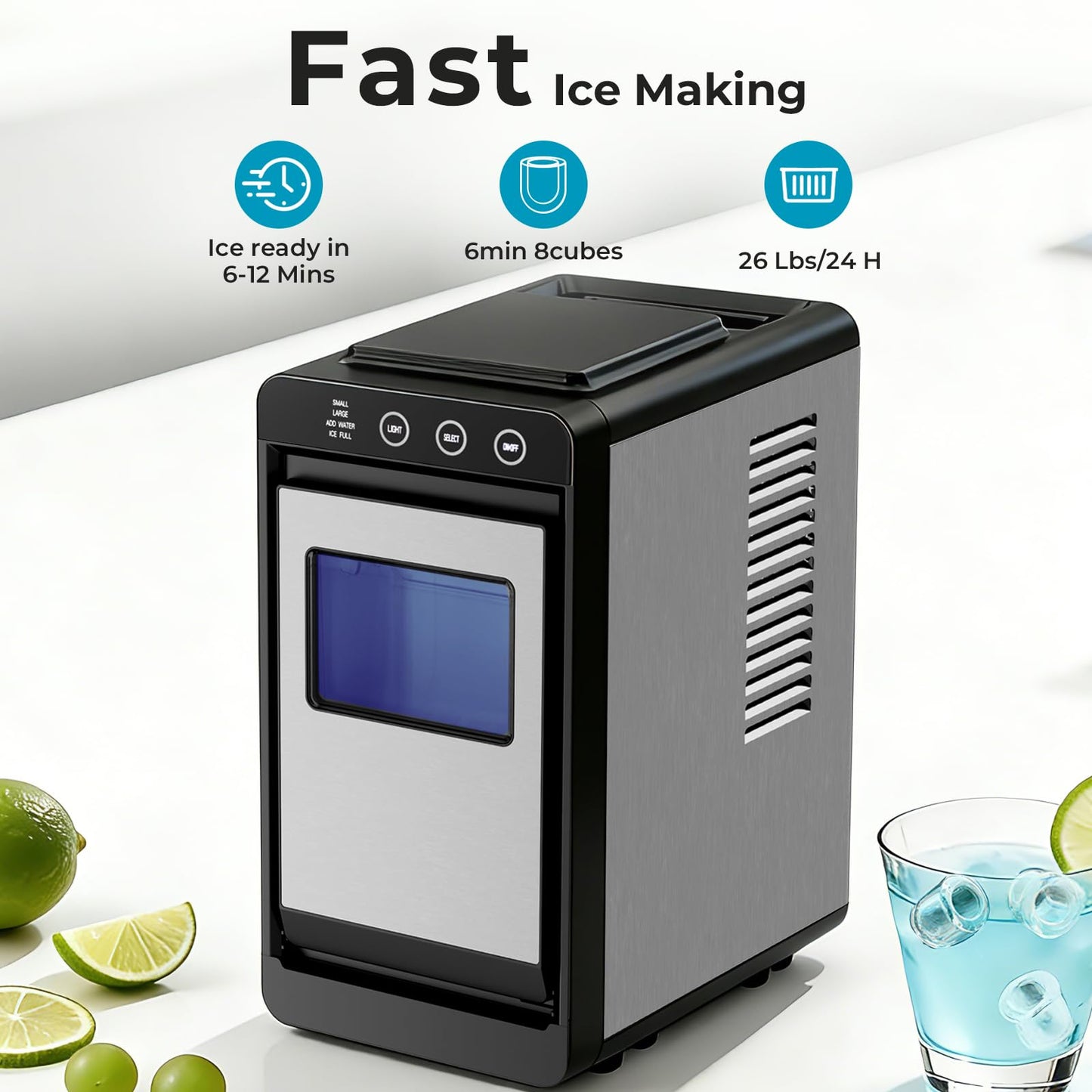 Antarctic Star Countertop Ice Maker Machine - 26.5lbs/24H, 8 Bullet Ice in 6 Mins, Self-Cleaning Portable Ice Maker with 2 Ice Sizes, Touch Display & Blue Light for Home, Office, Bar,Steel