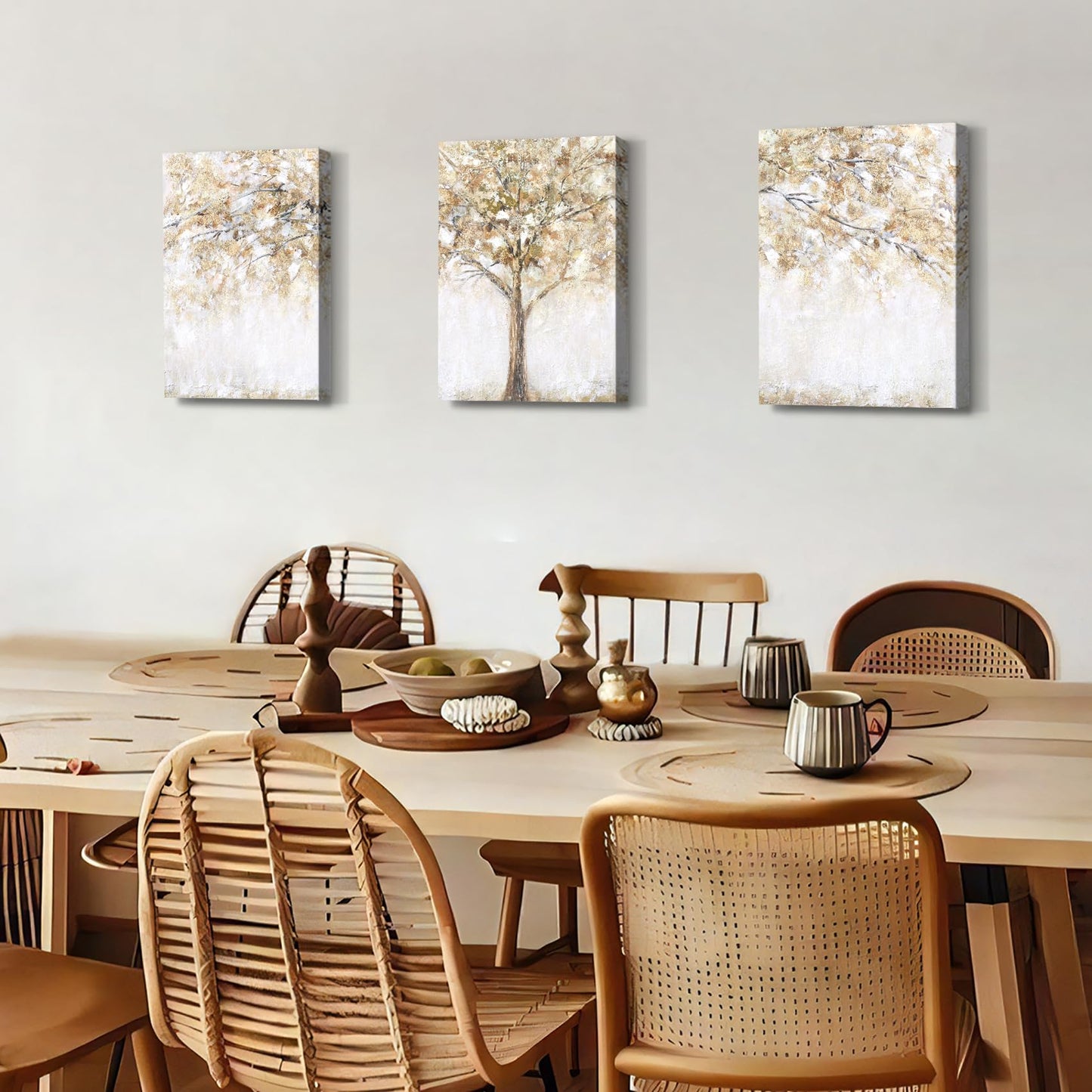 3 Panels Wooden Framed Tree Canvas Wall Art Beige Abstract Painting on Canvas Prints Poster Pictures for Living Room Bedroom Bathroom Dinning Room Hallway Home Office Wall Decoration 30x40cm x3pcs